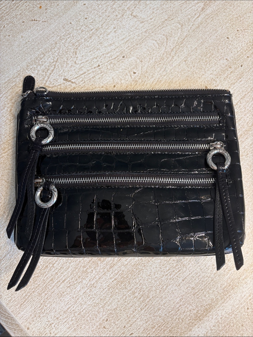 Black Brighton Croc-Embossed Triple Zip Crossbody Pouch
